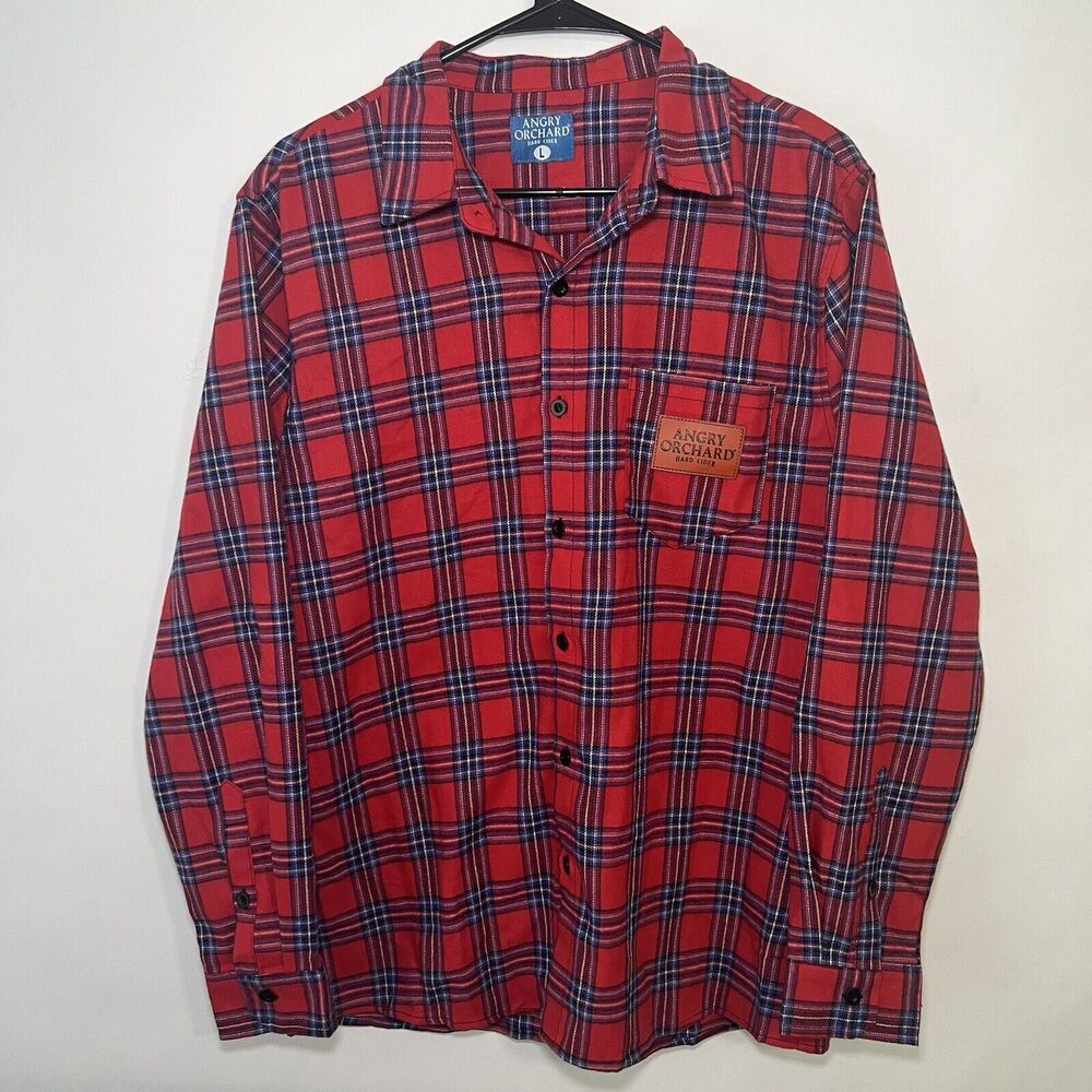 Angry Orchard Hard Cider Button Up Flannel Shirt Mens Size L Large Plaid Red